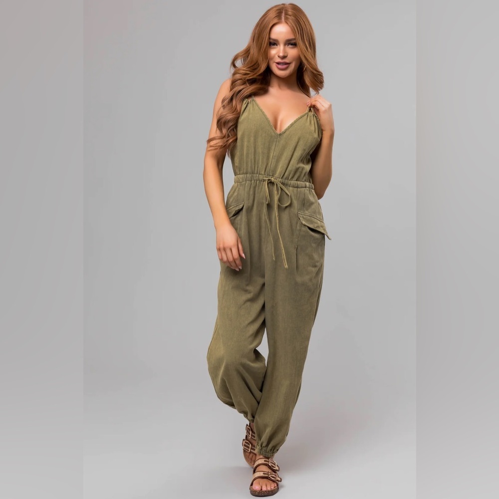 Eesome Stone Washed Drawstring Jogger Jumpsuit Jumper Olive - Picture 5 of 10